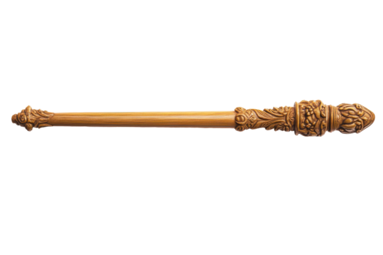 Ornate golden scepter with intricate carvings isolated on transparent background. Wooden wand with a carved top isolated on white background.
