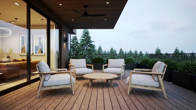 Expansive modern outdoor living terrace featuring comfortable contemporary furniture on a beautiful wooden deck, offering a tranquil escape with lush tree views, ideal for relaxation and entertaining