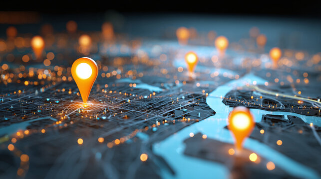 Navigational markers showing points of interest on a map, concept of location and travel, featuring glowing markers