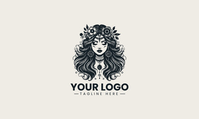 Black woman face silhouette wearing floral crown and long curly hair artistic logo