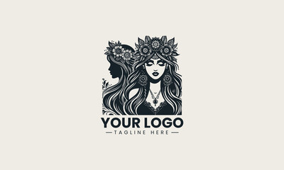 Black woman face silhouette wearing floral crown and long curly hair artistic logo