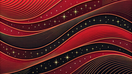 Abstract red background with wavy lines and stars. Vector illustration.