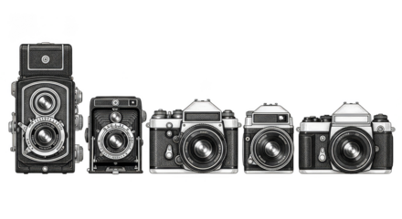 Antique camera collection on dark background