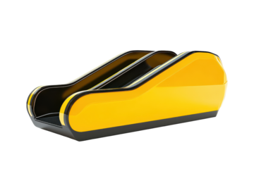 Bright yellow escalator section isolated on transparent background. Yellow escalator with black trim isolated on white background.
