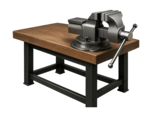 Workbench featuring a rotating platform vise, ideal for metal fabrication tasks.