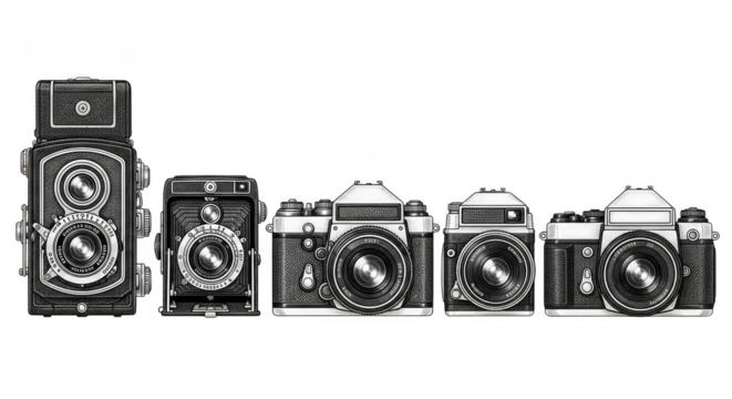 Antique camera collection on dark background