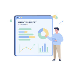 Man Analyzing Analytics Report With Pie Charts and Bar Graphs Showing Financial Data With Pastel Colors and Flat Design Illustration
