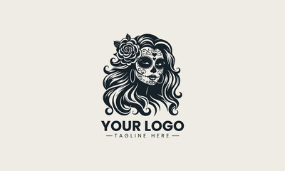 Black woman skull silhouette with long wavy hair and flower detailed logo illustration