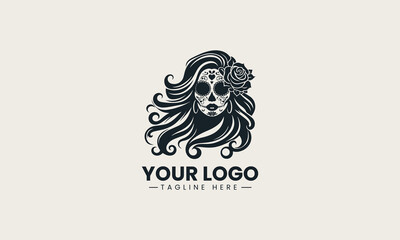 Black woman skull silhouette with long wavy hair and flower detailed logo illustration