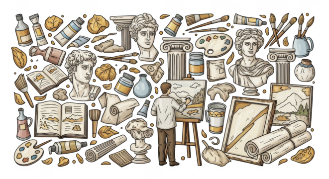 Artistic chaos painters studio with antiquities