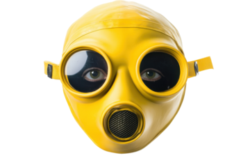 Vintage yellow gas mask with goggles isolated on transparent background. Yellow mask with goggles isolated on white background.