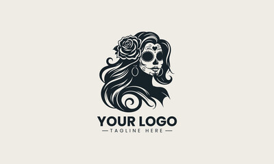 Black woman skull silhouette with long wavy hair and flower detailed logo illustration