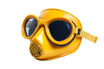 Vintage yellow gas mask with goggles isolated on transparent background. Yellow mask with goggles isolated on white background.