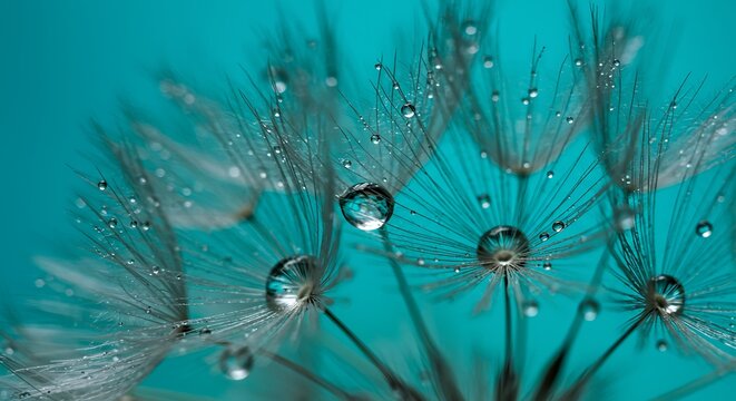 Closeup macro shot of a dandelion seed head covered in tiny water droplets, with a teal background