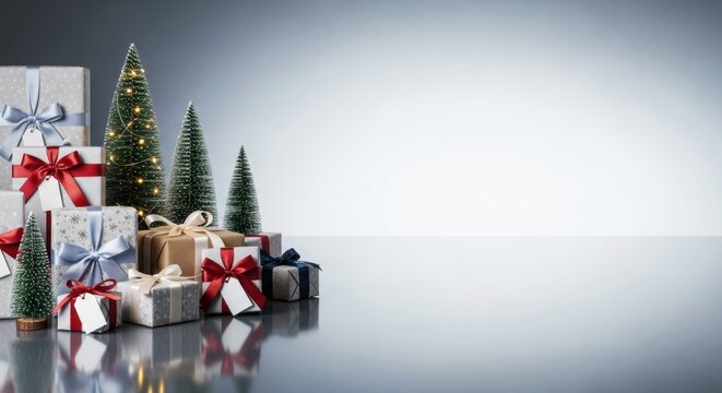 Stacked holiday gifts and miniature trees with lights on a glossy reflective surface and blue background