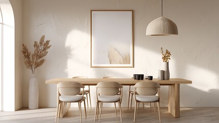 Dining room interior design with wooden table chairs and minimalist decor neutral color scheme modern home