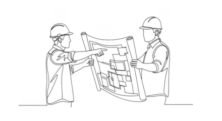 Blueprint discussion amidst construction workers stylized