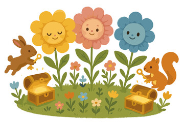 Enchanted Memory Garden. Memory garden with blooming flowers holding tiny faces, playful animals carrying keys, and glowing