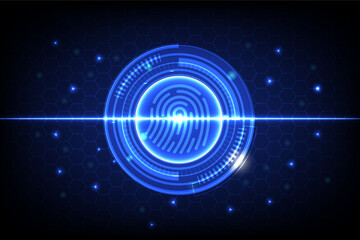 High tech fingerprint scanning interface with glowing blue neon rings, hexagon grid and digital security elements for cyber technology concepts