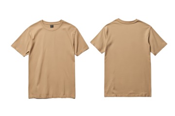 Beige t-shirts front and back view isolated on transparent background. Beige t-shirt front and back isolated on white background.