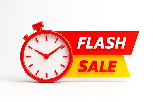 Red alarm clock with a bright red and yellow banner announcing a limited time flash sale event