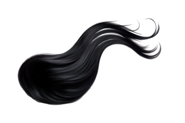 Abstract textured black hair isolated on transparent background. Black flowing hair strand isolated on white background.