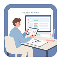 Fototapeta premium Man Analyzing Digital Reports And Charts On A Tablet And Computer Screen With Project Insights Dashboard And Graphs On A Desk With Notebook And Pencils