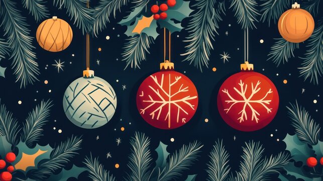 Christmas ornaments hanging, fir branches, dark background, festive decor, ideal for holiday cards