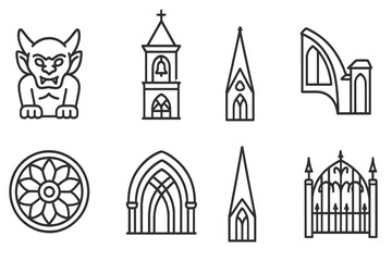Obraz premium Gothic Architecture Icons. Line style icons of Religious Gothic: Gargoyle, Bell Tower, Stained Glass, Flying Buttress, Rose Window