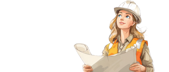 A confident female construction worker in a hard hat and safety vest examines blueprints on a job site, with cranes and buildings in the background, showcasing a bustling urban environment