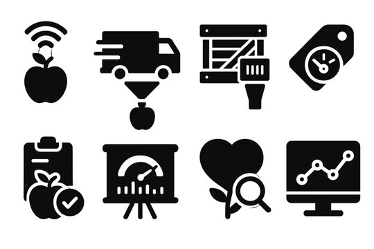 Real-Time Food Tracking Icons. Solid style icons of real-time food tracking: live sensor ping, in-transit scan icon, food chain