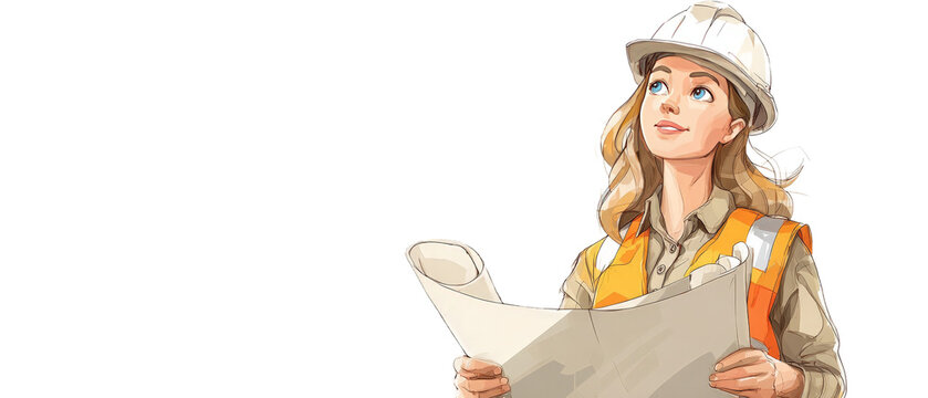 A confident female construction worker in a hard hat and safety vest examines blueprints on a job site, with cranes and buildings in the background, showcasing a bustling urban environment - Powered by Adobe