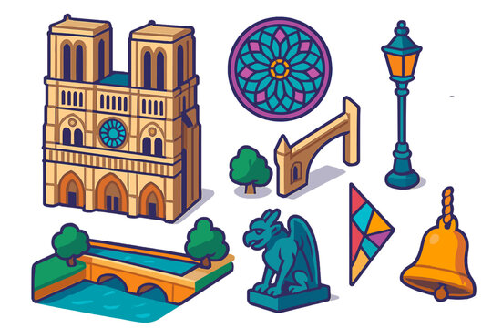 Notre-Dame Isometric Icons. Isometric vector illustration set Historical monuments &ndash; Notre-Dame Cathedral fa&ccedil;ade, rose window,