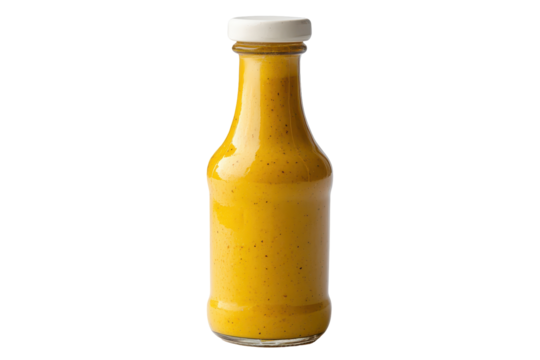 Small glass bottle with mustard sauce isolated on transparent background. Chipotle mustard bottle isolated on white background.