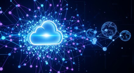 Glowing cloud icon surrounded by network connections, representing cloud computing, concept for data storage, digital transformation and network solutions