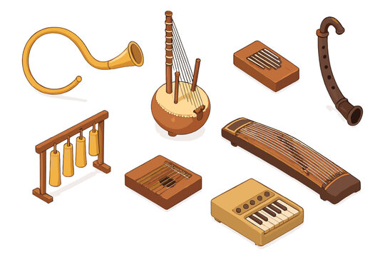 Rare Musical Instruments. Isometric vector illustration set of Rare musical instruments: lur horn, kora harp, crumhorn. Chime