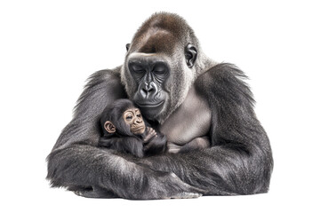 Mother gorilla holding her baby isolated on transparent background. Gorilla female with her baby isolated on white background.