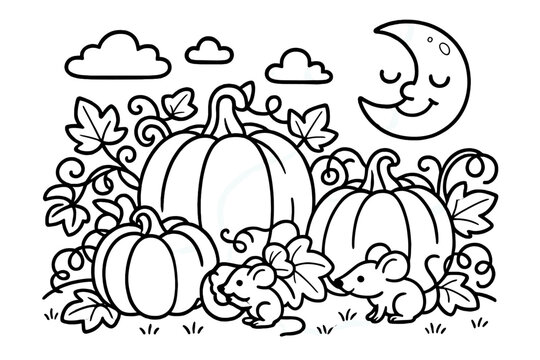 Pumpkin Patch Coloring Scene. Cartoon pumpkin patch with vines, leaves, and mice nibbling nearby under a smiling moon, black and