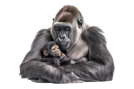 Mother gorilla holding her baby isolated on transparent background. Gorilla female with her baby isolated on white background.