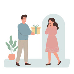 Man hands gift box to surprised woman pastel tones flat design illustration for celebration and surprise on white background