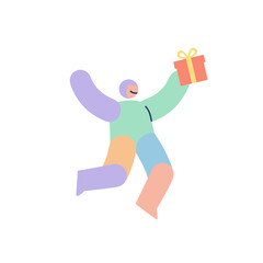 Man holding a gift box with a ribbon in a surprised gesture with soft color palette and flat design style illustration.