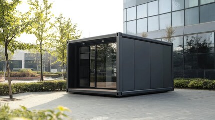 Modern modular container building with glass facade in outdoor setting