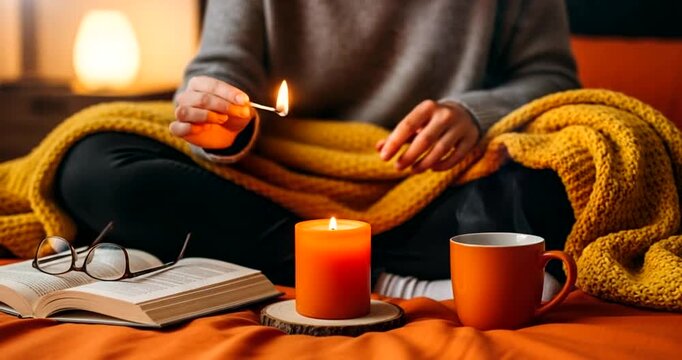 Woman lighting a candle with a match on a bed with a book and a mug