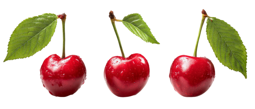 Three vibrant red cherries with glossy surfaces and fresh green leaves, arranged in a row, set against a clean white background, ideal for food-related designs or culinary themes