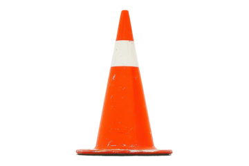 Orange traffic cone with white stripes isolated on transparent background. Orange traffic cone isolated on white background.