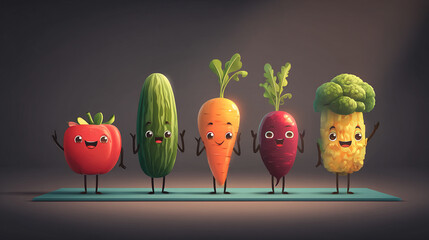 A cartoon illustration of vegetables standing in a row on a blue mat with a dark background