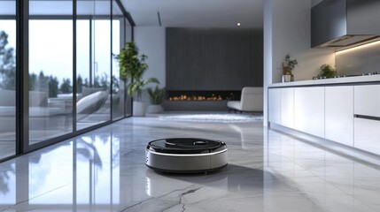 Robot Vacuum Cleaner Cleaning a Kitchen Floor in a Modern Home