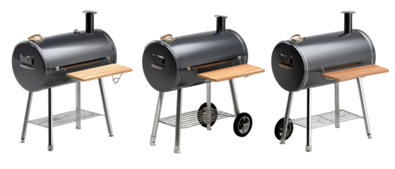 Three modern outdoor smokers displayed in a row, showcasing sleek designs and wooden surfaces, set against a clean white background, ideal for culinary enthusiasts and backyard grilling