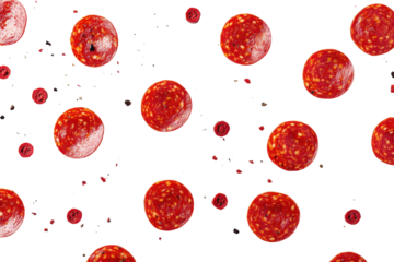 Slices of pepperoni isolated on transparent background. Pepperoni slices isolated on white background.
