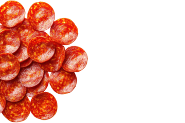 Slices of pepperoni isolated on transparent background. Pepperoni slices isolated on white background.